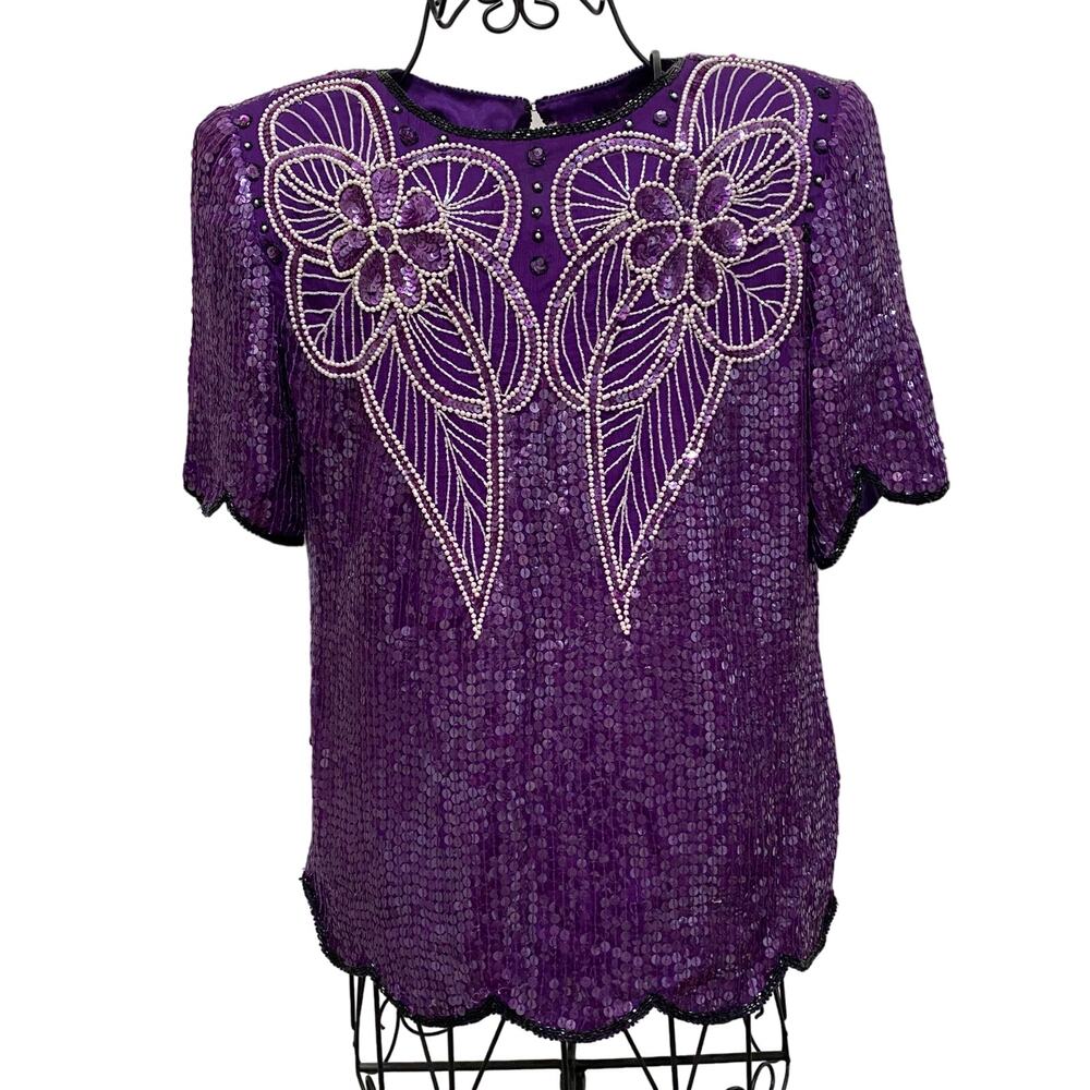 Vintage Leslie Fay Purple Sequin Dressy Top Size Medium Floral Short Sleeve
